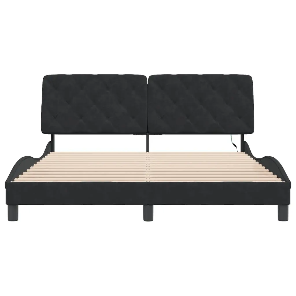 Queen Bed Frame with LED Lights Black Velvet Upholstered Headboard Pillow