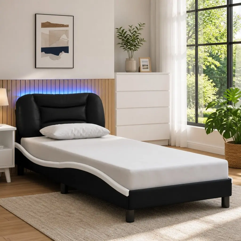 Bed Frame with LED Lights Headboard 90 x 190 cm Black White Faux Leather Slatted Base