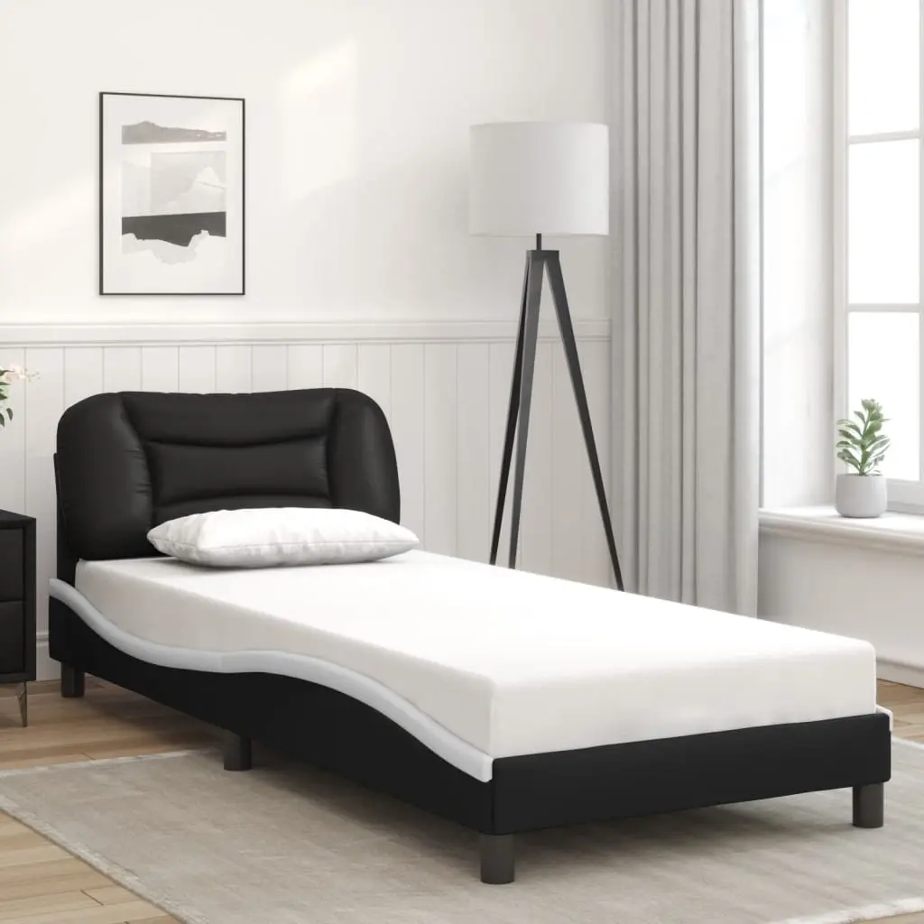 Bed Frame with LED Lights Headboard 90 x 190 cm Black White Faux Leather Slatted Base