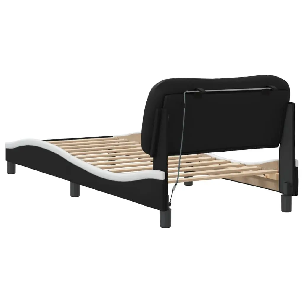 Bed Frame with LED Lights Headboard 90 x 190 cm Black White Faux Leather Slatted Base