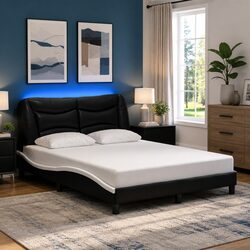Bed Frame with LED Lights Black White 137x190cm Headboard Bedroom Furniture