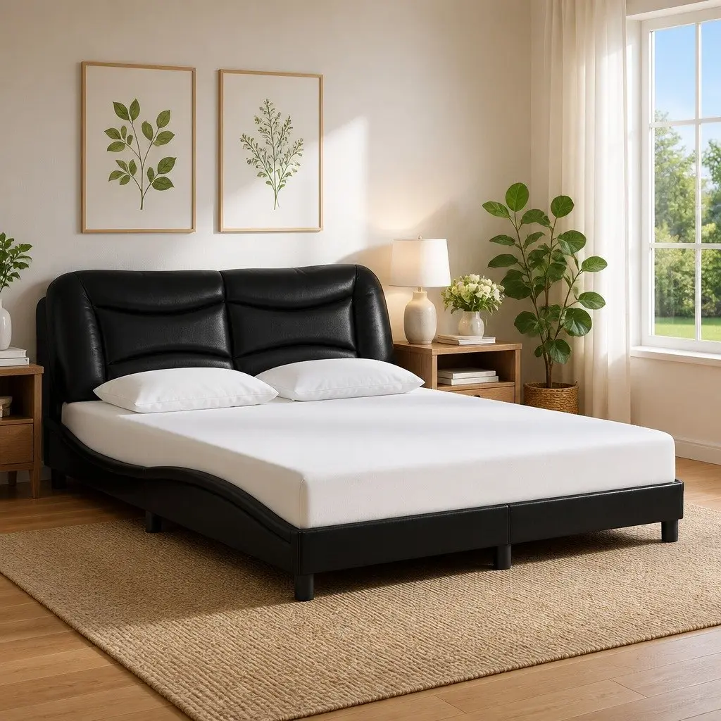 LED Bed Frame Black Faux Leather Headboard Plywood Slats 152x203 cm