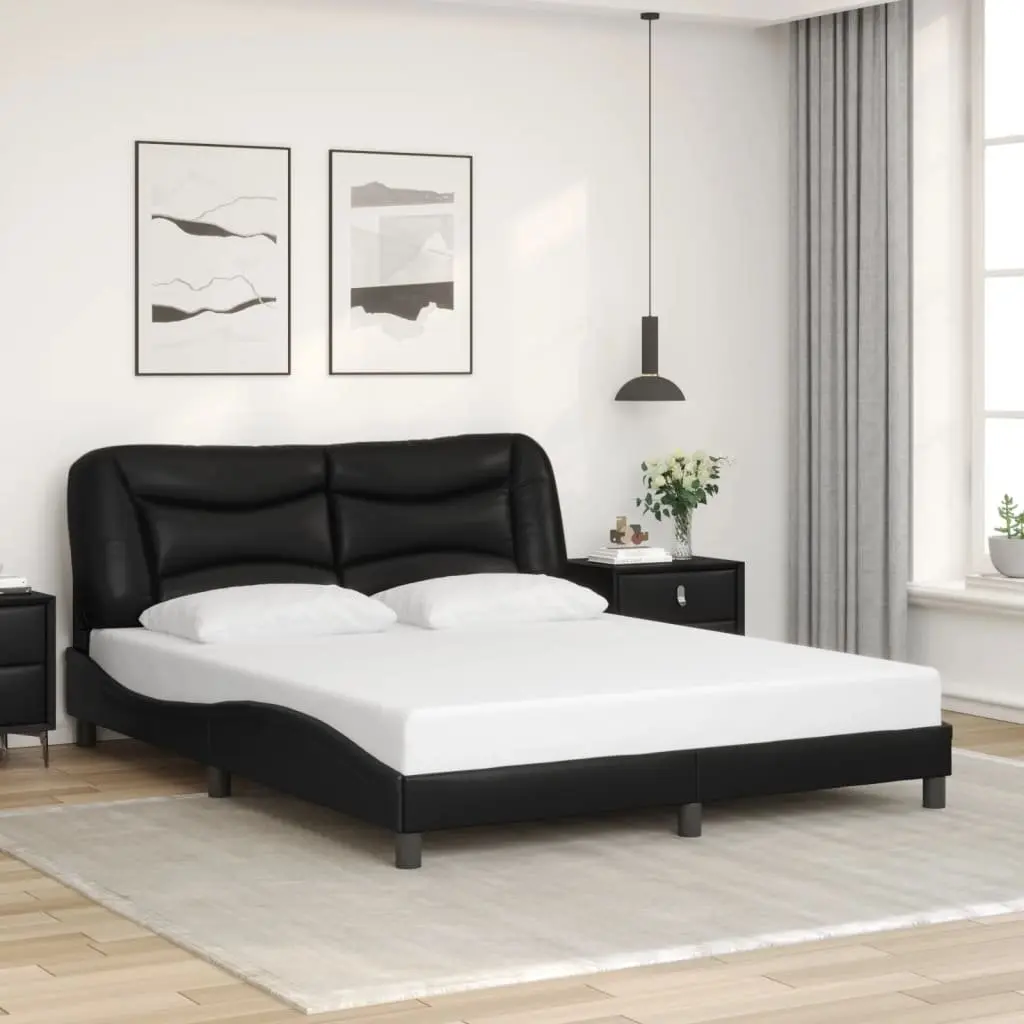 LED Bed Frame Black Faux Leather Headboard Plywood Slats 152x203 cm