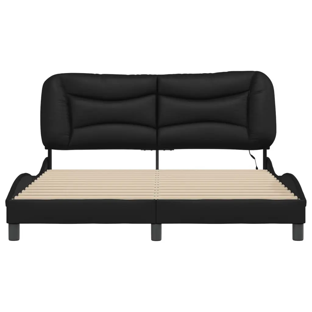 LED Bed Frame Black Faux Leather Headboard Plywood Slats 152x203 cm