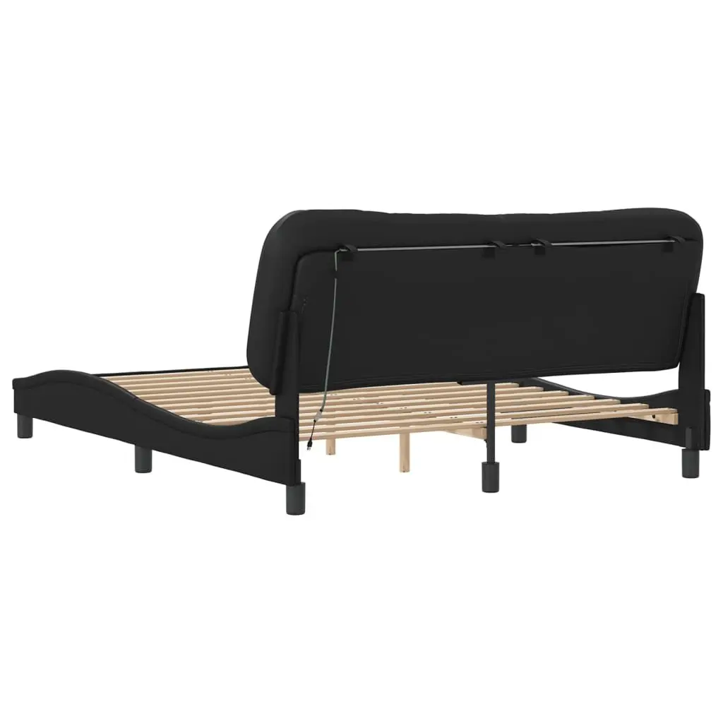 LED Bed Frame Black Faux Leather Headboard Plywood Slats 152x203 cm
