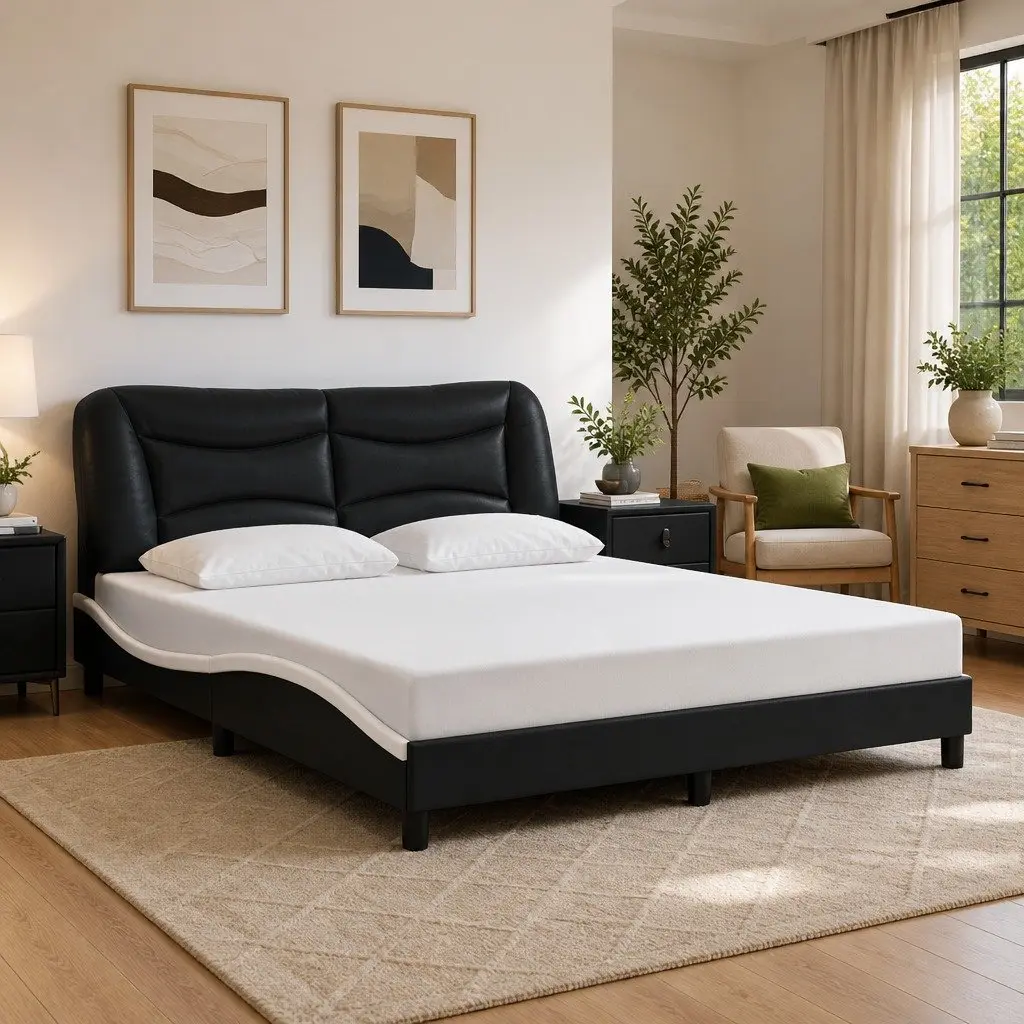 Bed Frame LED Lights Faux Leather 152x203cm Black White