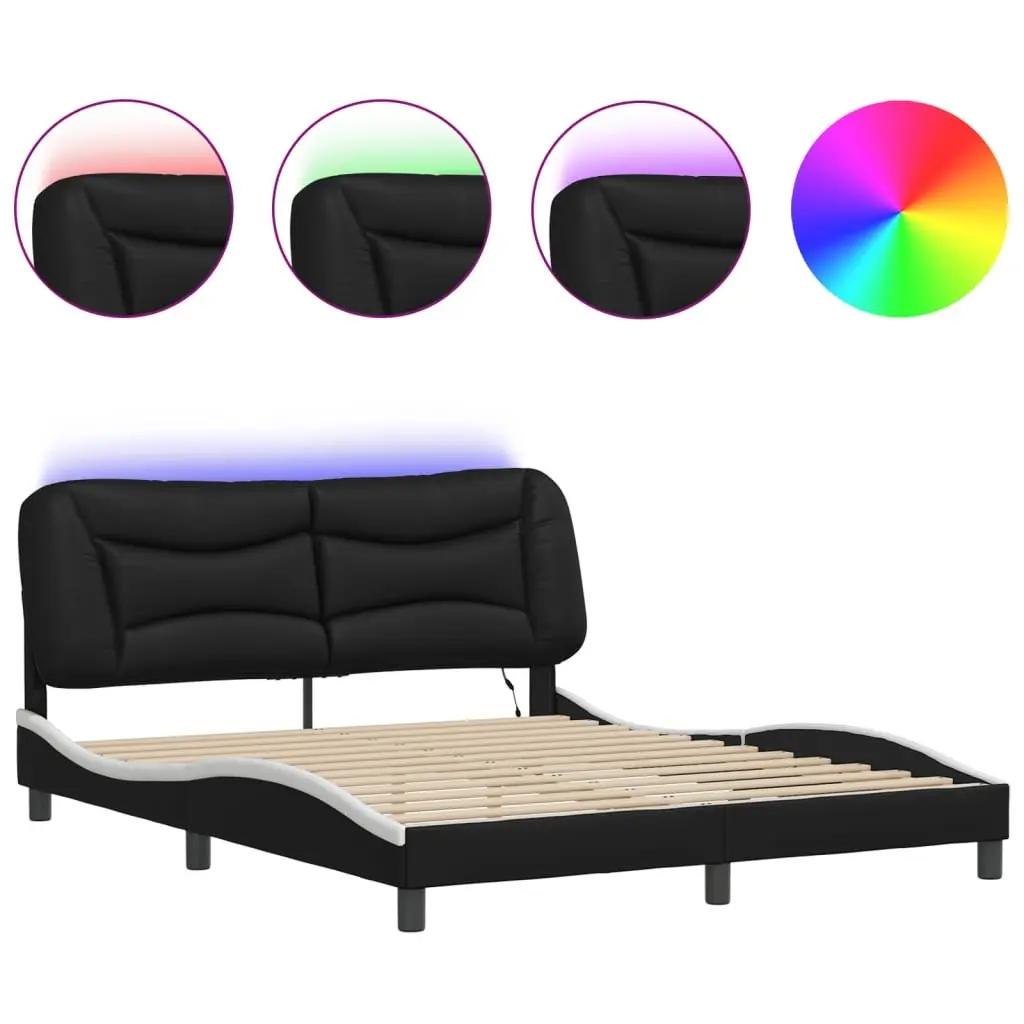 Bed Frame LED Lights Faux Leather 152x203cm Black White