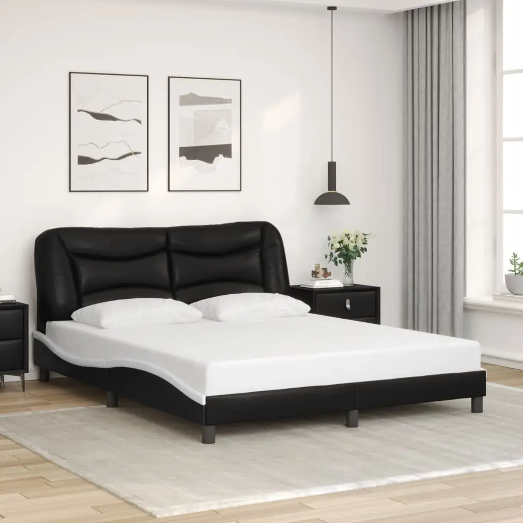 Bed Frame LED Lights Faux Leather 152x203cm Black White