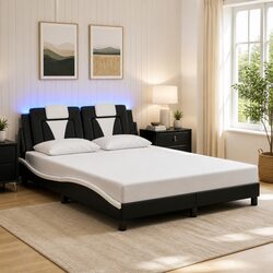 Bed Frame with LED Lights Headboard Pillow Black Faux Leather 137x190cm