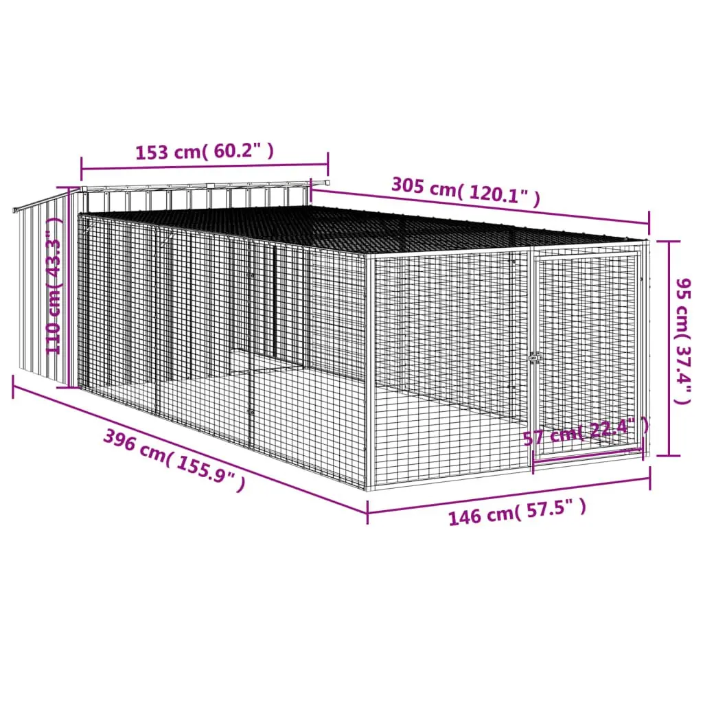 Dog House with Run Outdoor Pet Kennel Anthracite Galvanised Steel 153 x 396 x 110 cm