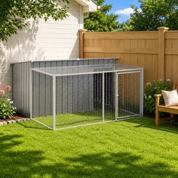 Dog House with Run Anthracite Galvanised Steel Outdoor Pet Kennel Enclosure
