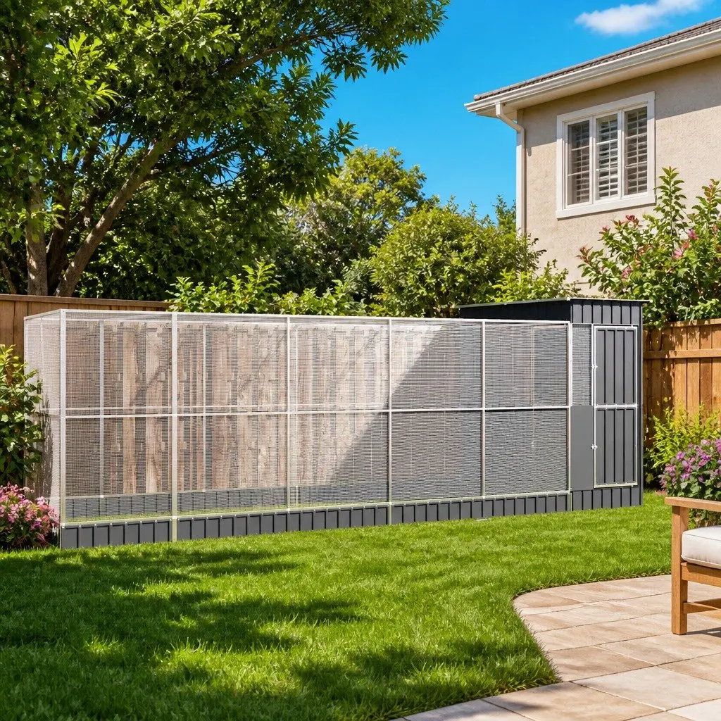 Large Bird Aviary Extension Silver Outdoor Cage 1244 x 203 x 216 cm Galvanised Steel Frame