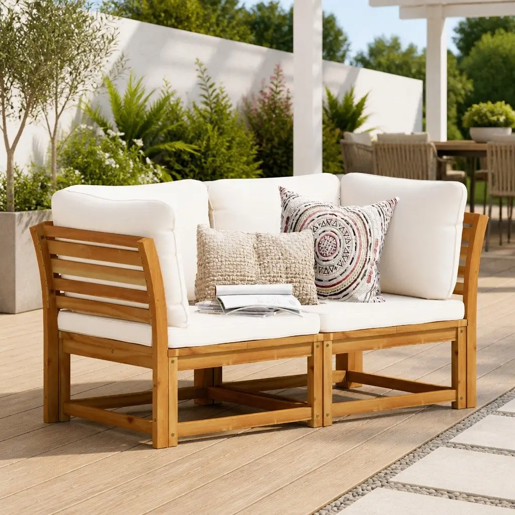 Outdoor Garden Sofa 2-Seater Solid Acacia Wood Patio Lounge with Cushions Brown
