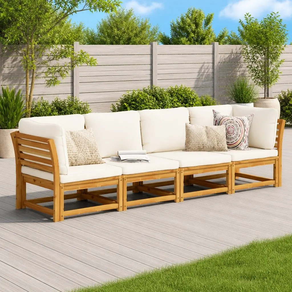 Garden Lounge Set Outdoor Sectional Sofa 4 Piece Acacia Wood Cushions Brown