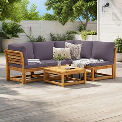 Garden Lounge Set 5 Piece Outdoor Sectional Sofa Brown with Cushions Wood