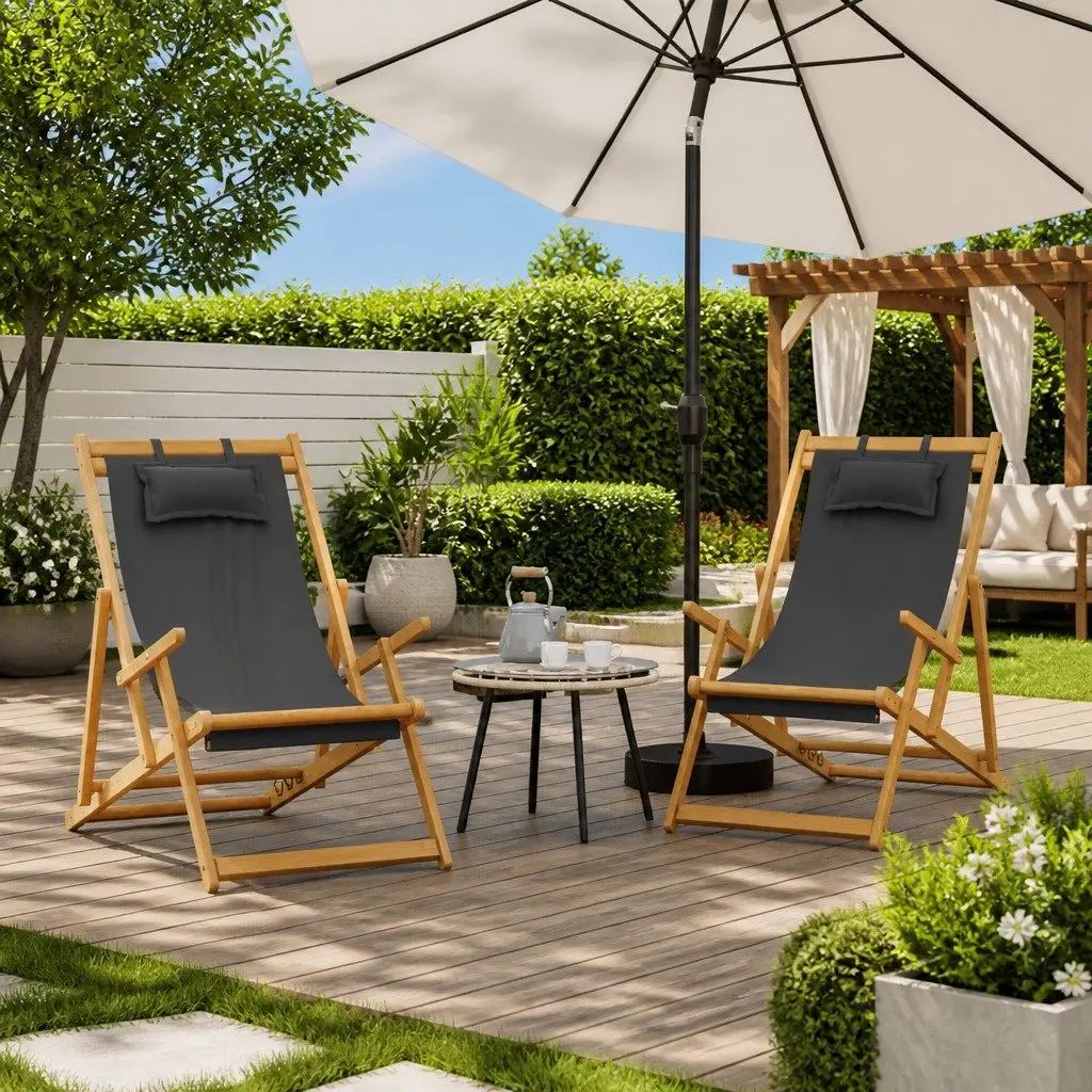 Folding Beach Chairs 2 pcs Grey Outdoor Lounge Camping Garden Reclining Seating