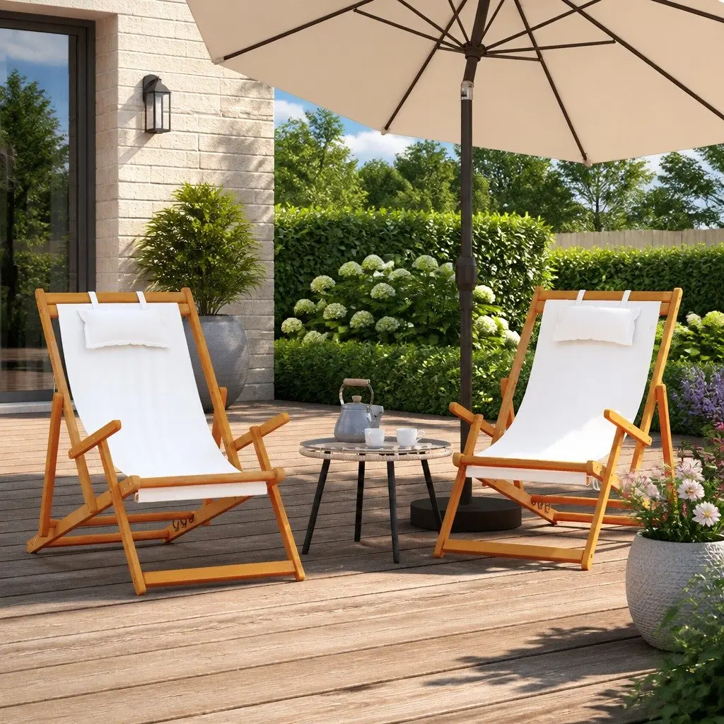 Folding Beach Chairs 2 pcs Cream Outdoor Lounge Reclining Garden Camping Seating