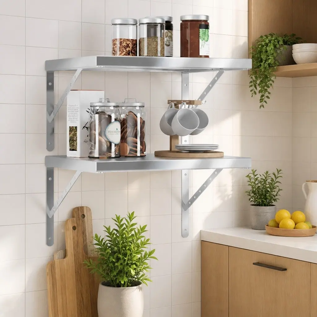 Floating Storage Shelves 50x40 cm Silver Stainless Steel Wall-Mounted Display 2 Piece