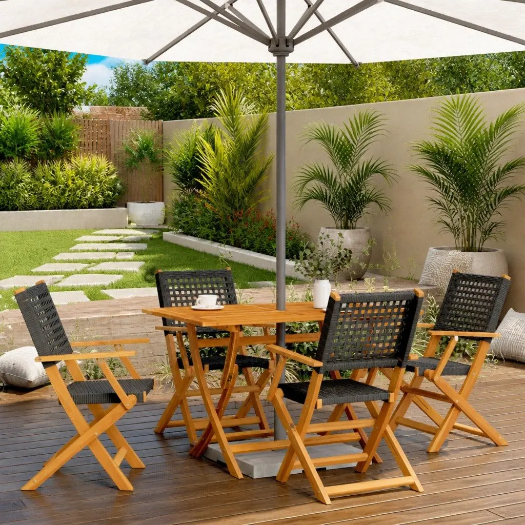 Folding Garden Chairs Outdoor Use Black Poly Rattan Solid Acacia Wood 4 Piece