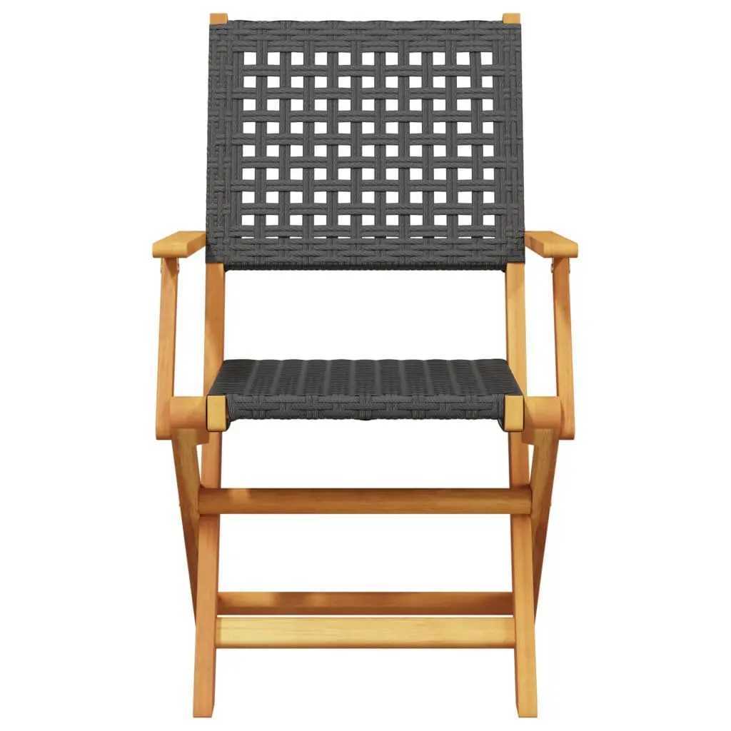 Folding Garden Chairs Outdoor Use Black Poly Rattan Solid Acacia Wood 4 Piece