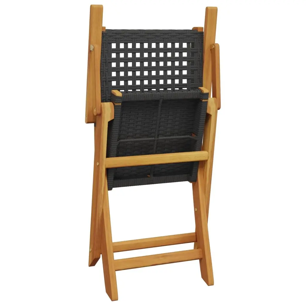Folding Garden Chairs Outdoor Use Black Poly Rattan Solid Acacia Wood 4 Piece
