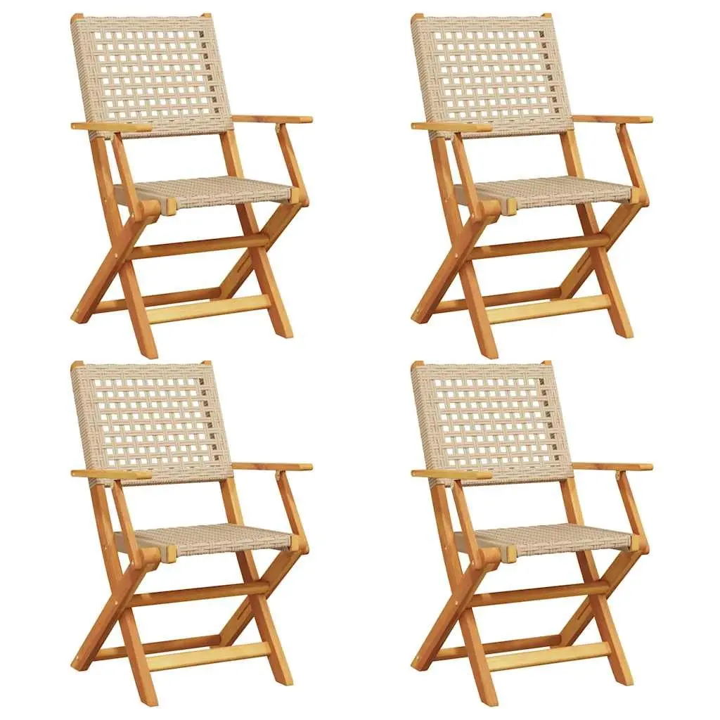 Folding Garden Chairs Outdoor Seating 4 Piece Beige Poly Rattan Solid Wood