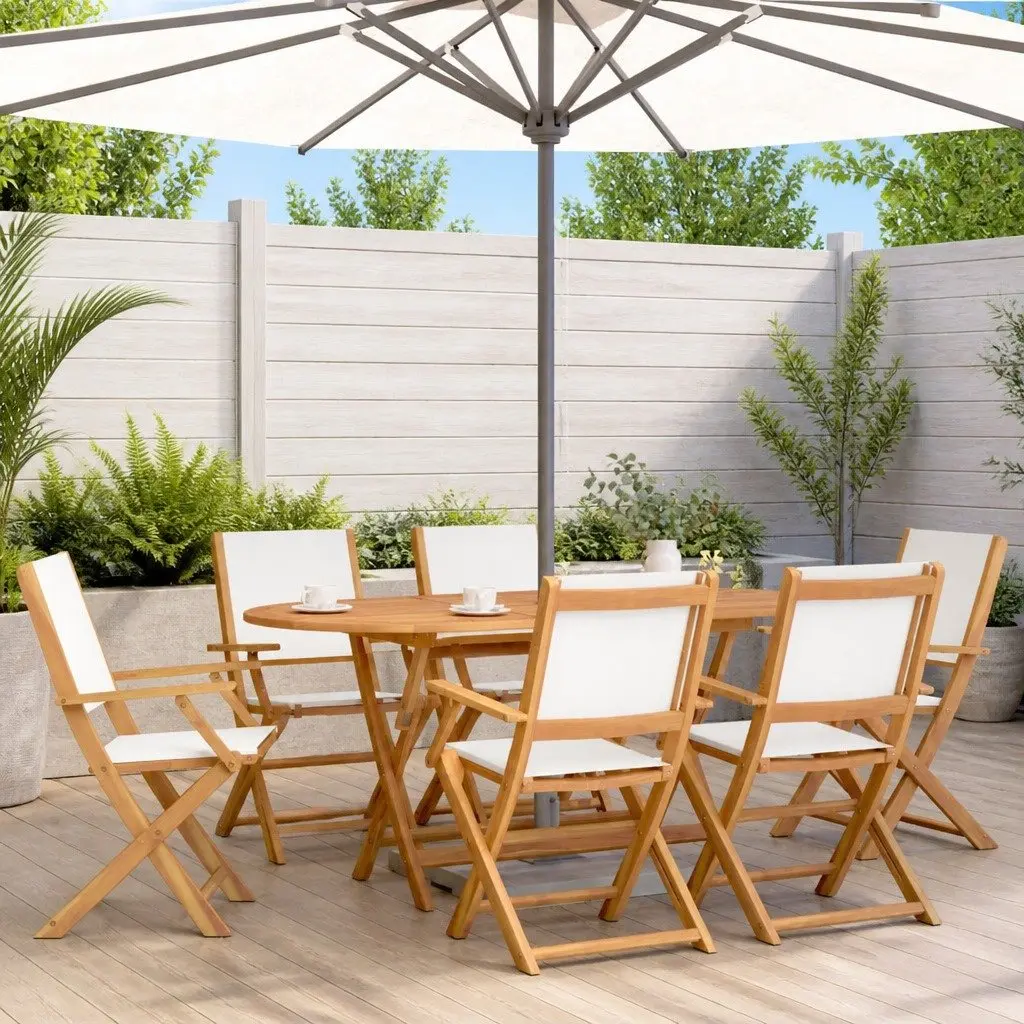 Folding Garden Chairs Set 6 Piece Outdoor Seating White Fabric Wood