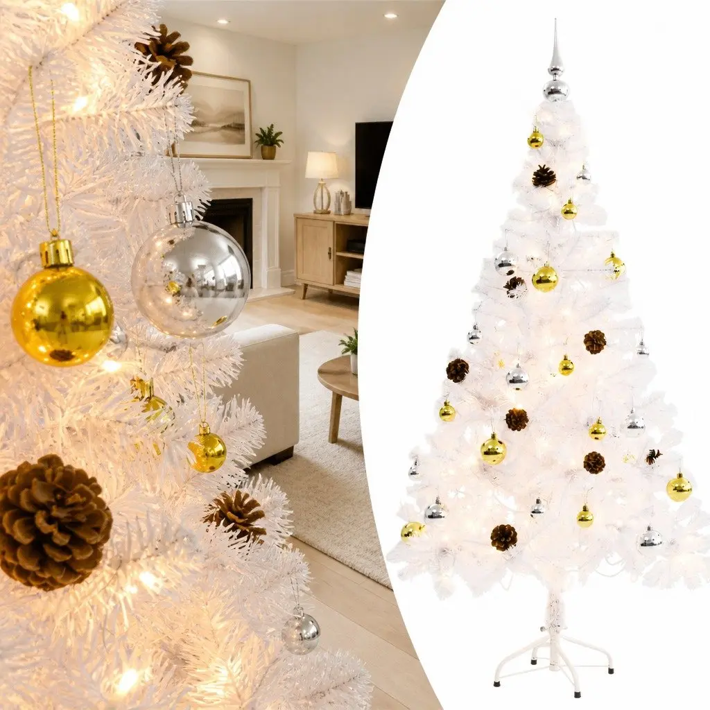 Pre-lit Artificial Christmas Tree 150cm White with Baubles and LED Lights
