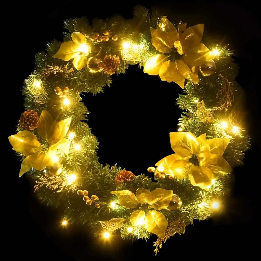 Christmas Wreath 60cm LED Lights Green Gold PVC Baubles Holiday Door Wall