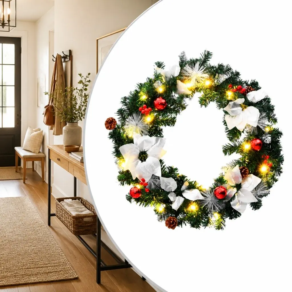 LED Lighted Christmas Wreath Green White 60cm Decorative Holiday Seasonal Home Decor