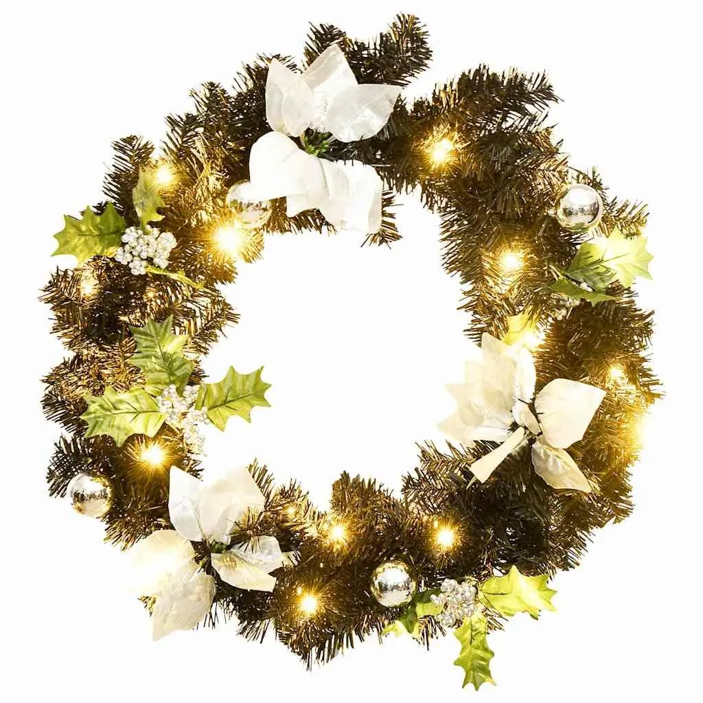 LED Christmas Wreath 60cm Black Silver Baubles Holiday Decoration Indoor Outdoor