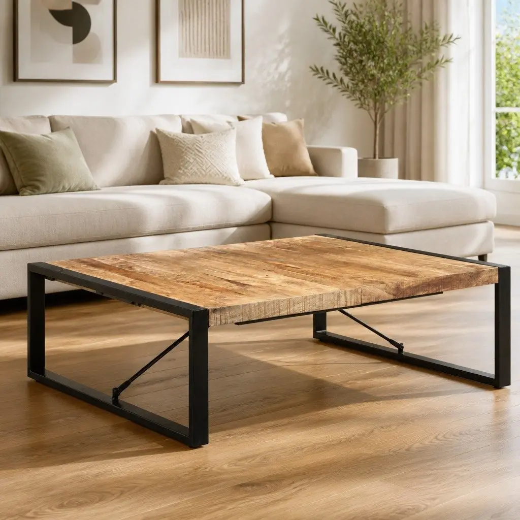 Coffee Table 120x120x40cm Black Solid Mango Wood Industrial Living Room
