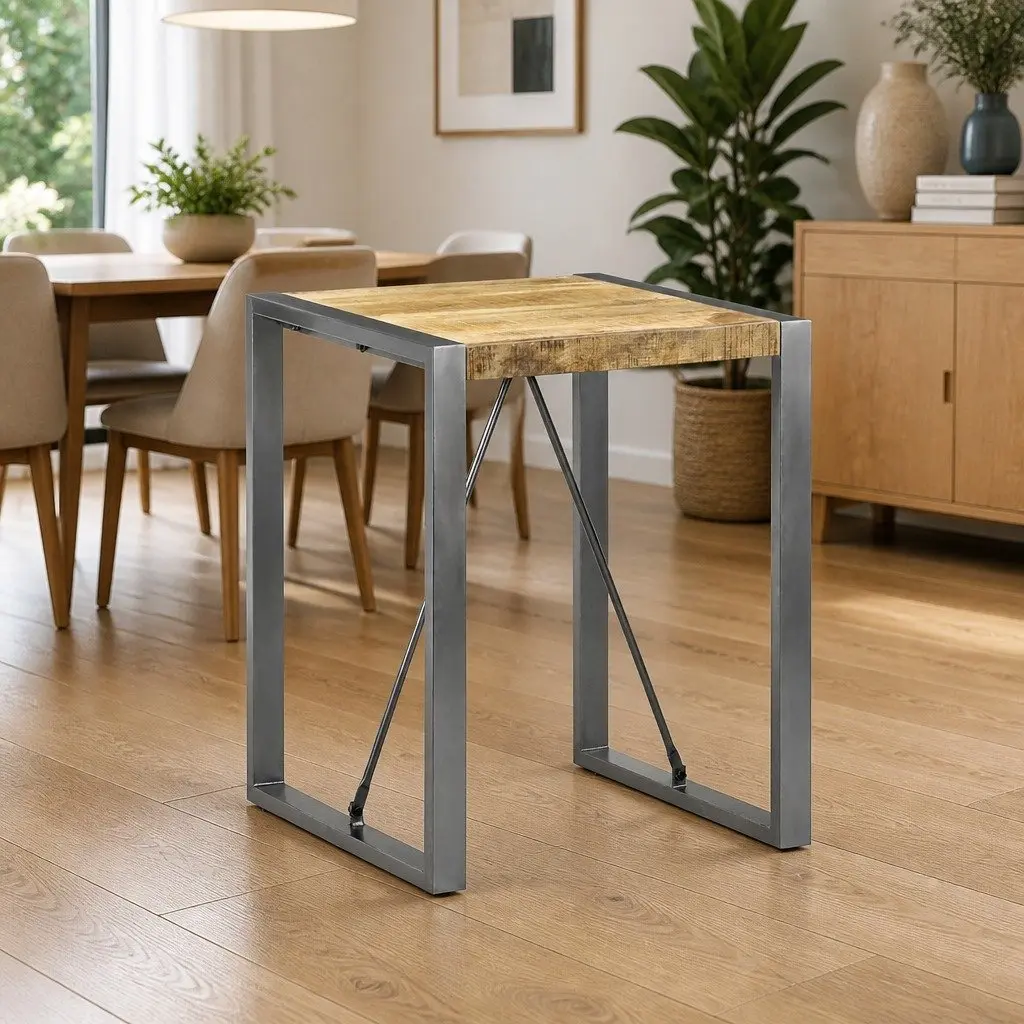 Dining Table 60x60x75cm Solid Rough Mango Wood Steel Legs Kitchen Room Grey