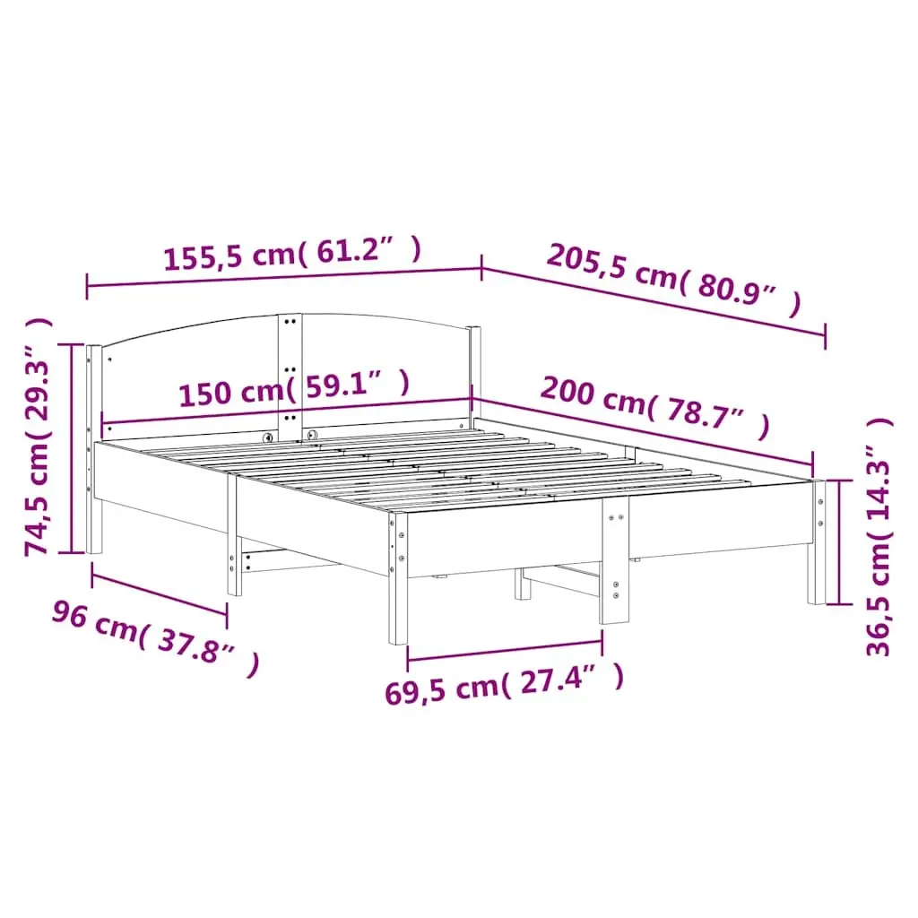 Bed Frame 150x200 cm Solid Wood Pine Slatted Base Bedroom Furniture Brown