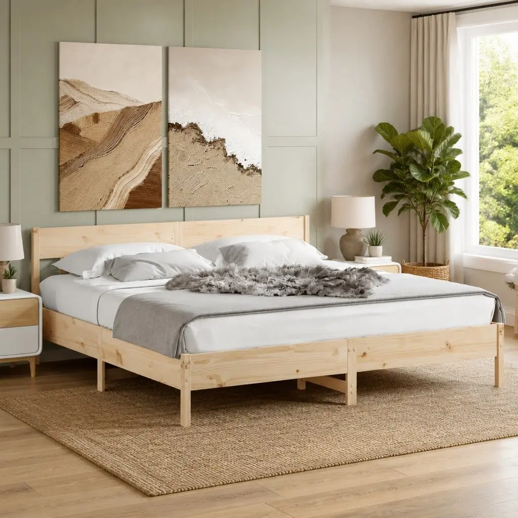 King Bed Frame Solid Pine Wood 183x203 cm Brown Slatted Base