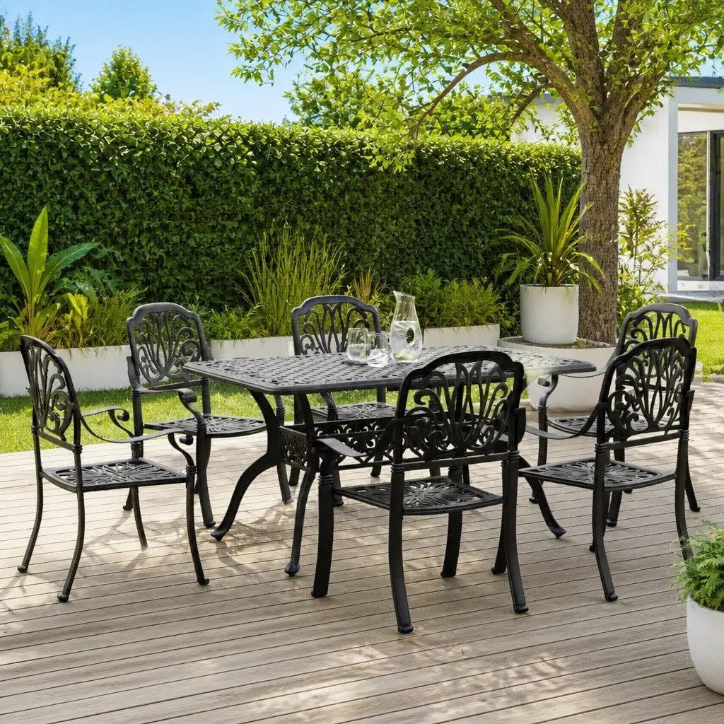 7 Piece Outdoor Dining Set Black Cast Aluminium Garden Furniture Patio Table