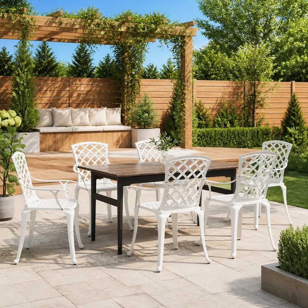 Outdoor Garden Chairs Set of 6 Cast Aluminium White Patio Dining Armchair