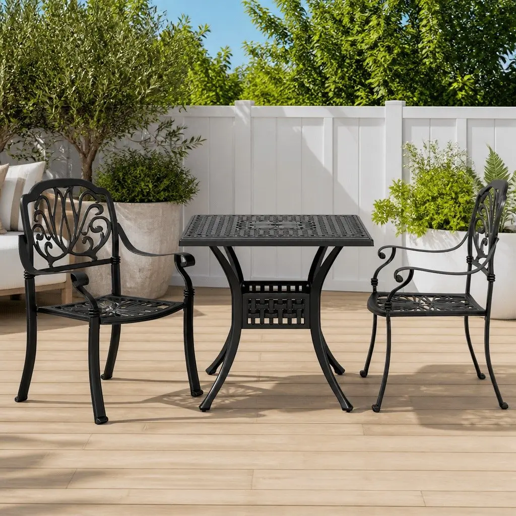 Outdoor Bistro Set Black Cast Aluminium Garden Furniture Table and Chairs 3 Piece