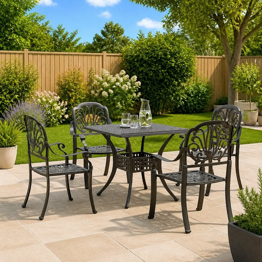Outdoor Dining Set Black 5 Piece Cast Aluminium Table and Chairs for Patios Backyards and Gardens