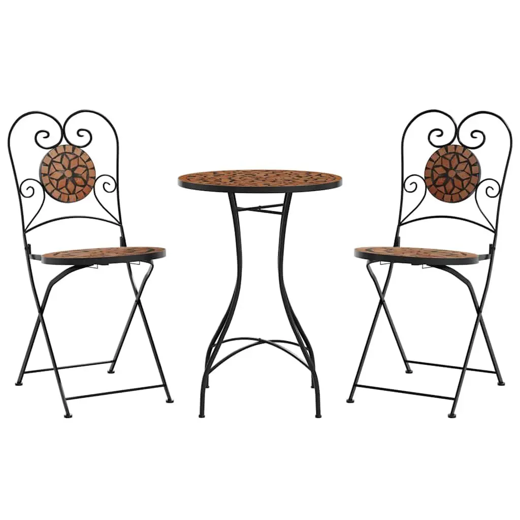 Mosaic Bistro Set Ceramic Tabletop Iron Frame Foldable Chairs Orange