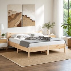 King Bed Frame Solid Wood Pine Brown Wooden Headboard Slatted Base 183x203cm