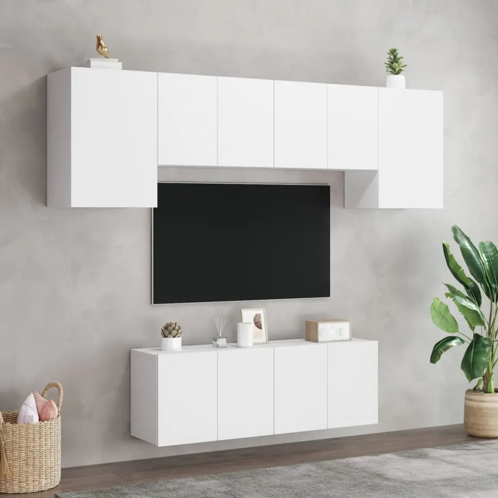 TV Wall Unit 6 Piece White Engineered Wood Floating Storage Shelves Bedroom