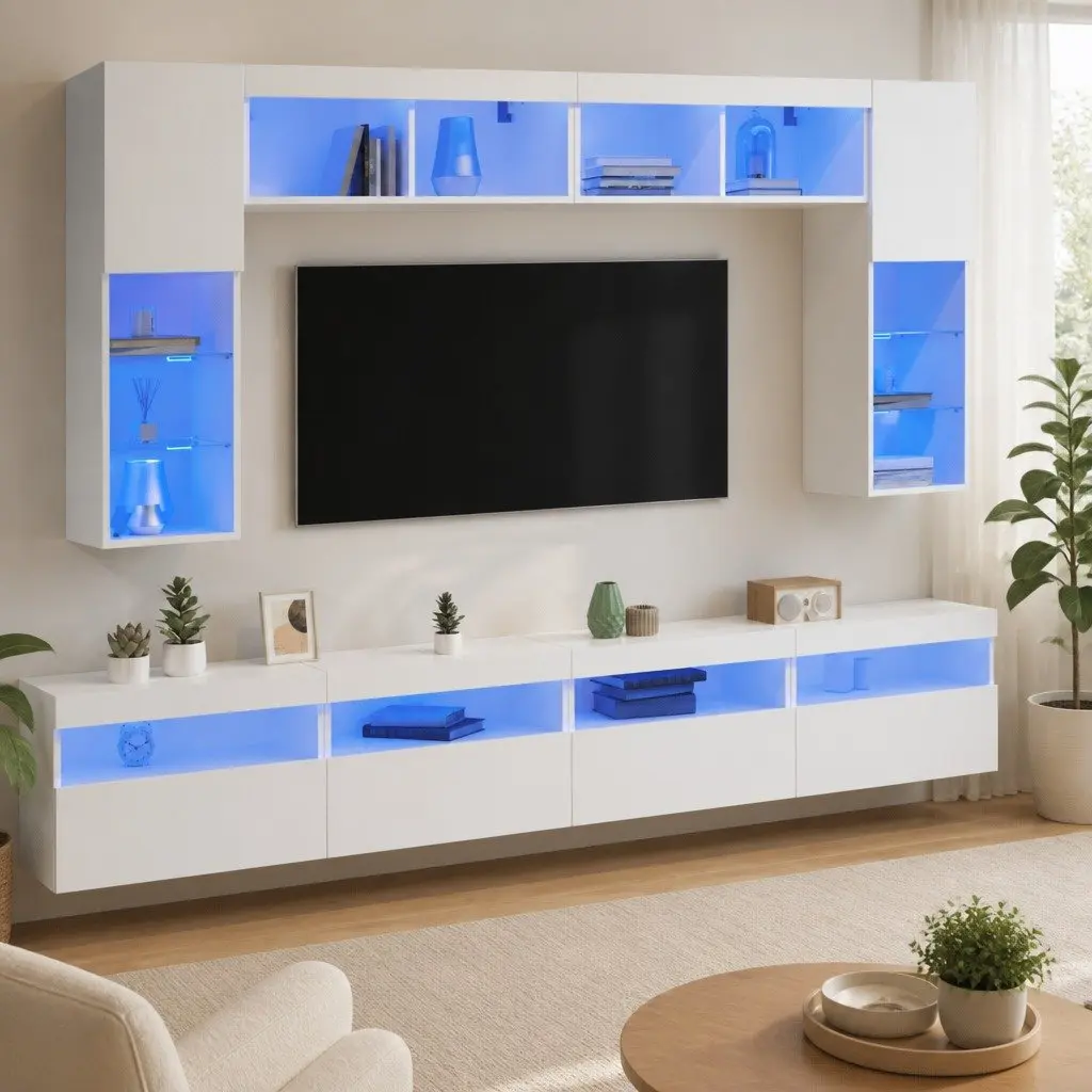 TV Wall Cabinet Set 8 Piece RGB LED Lights White Floating Storage Unit
