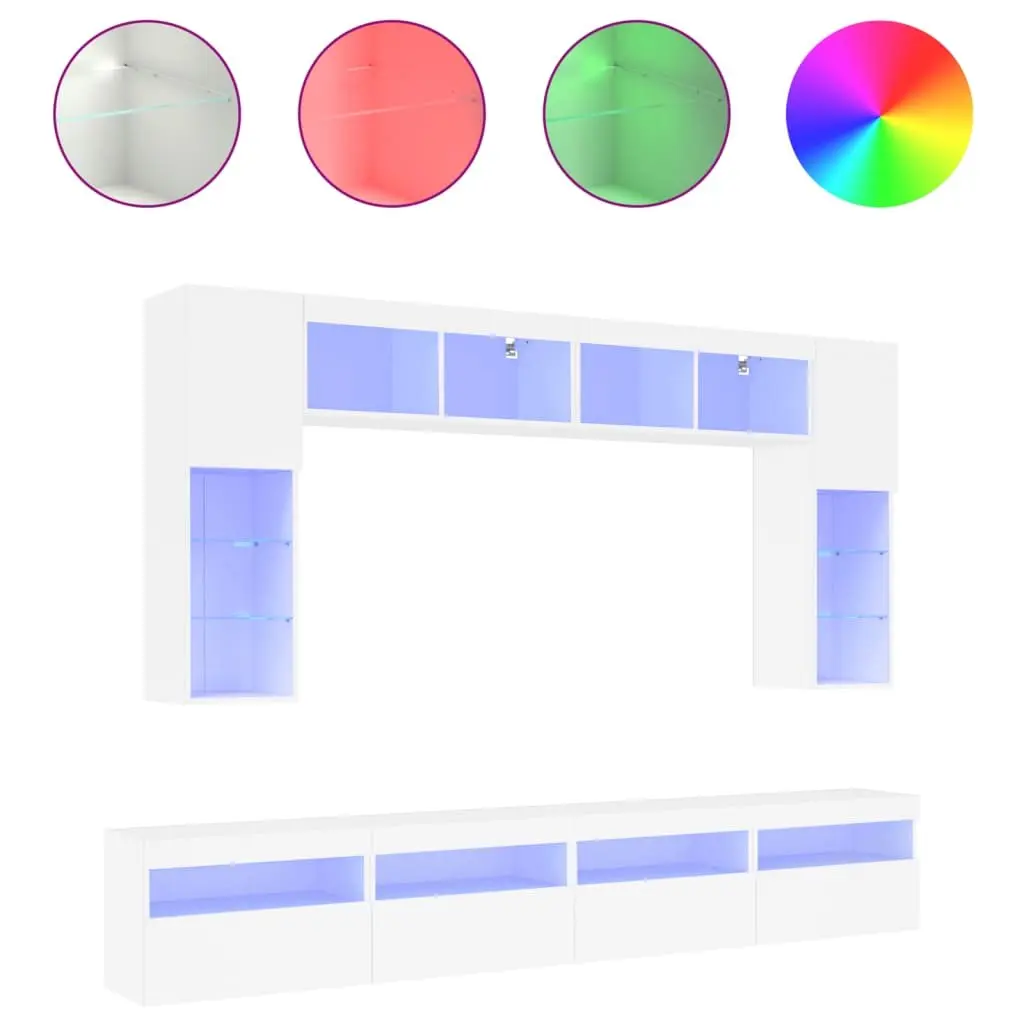TV Wall Cabinet Set 8 Piece RGB LED Lights White Floating Storage Unit