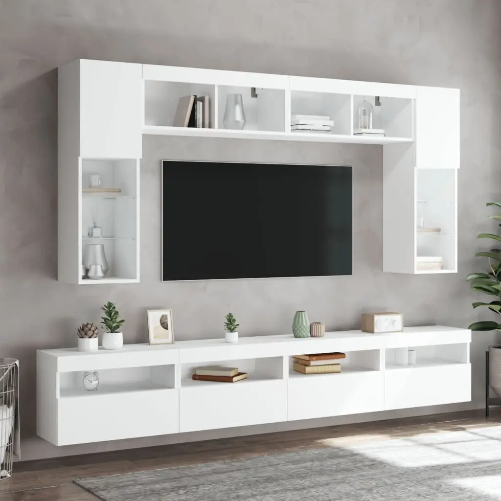 TV Wall Cabinet Set 8 Piece RGB LED Lights White Floating Storage Unit