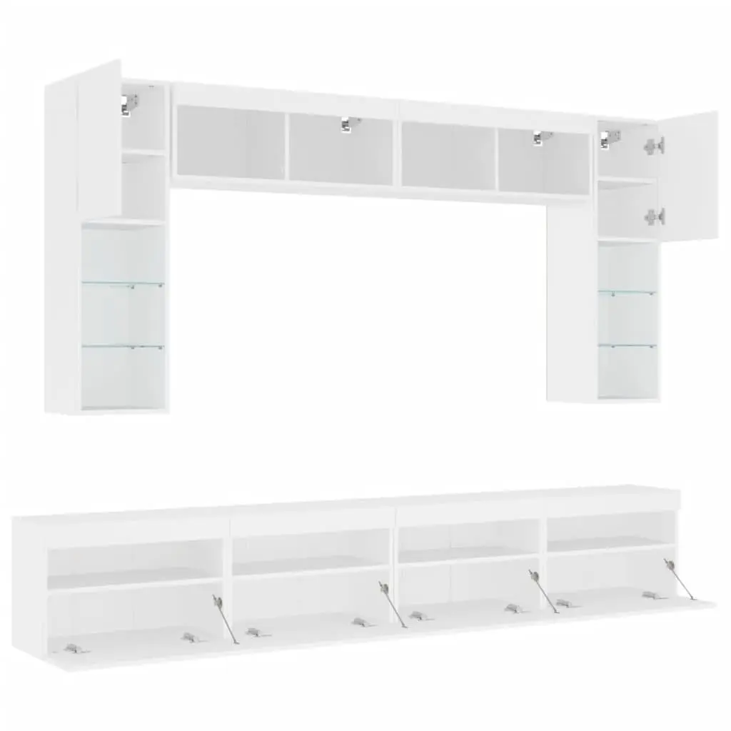 TV Wall Cabinet Set 8 Piece RGB LED Lights White Floating Storage Unit