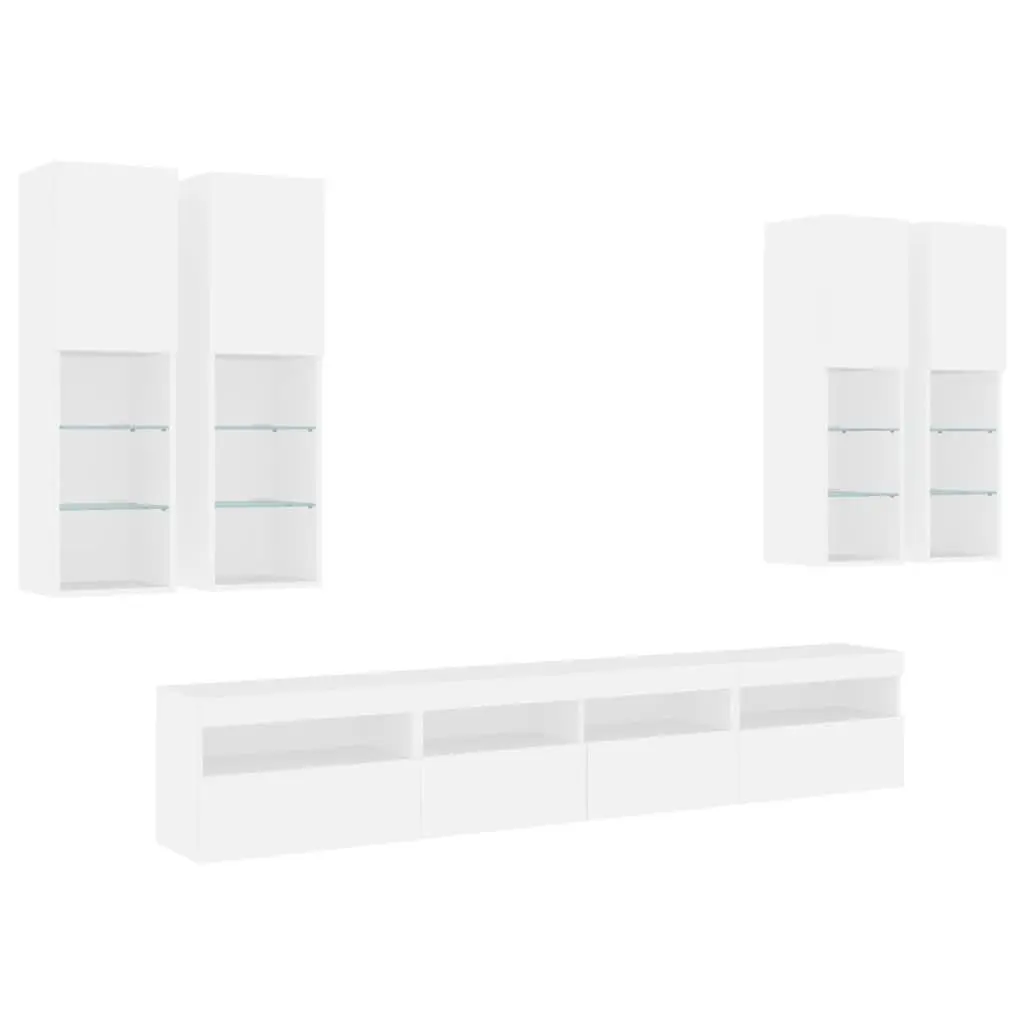 TV Wall Cabinet Set 7 Piece with RGB LED Lights White Floating Storage Unit