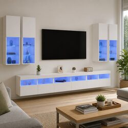 Welcoming 7 Piece White Floating Media Unit with LED Lights