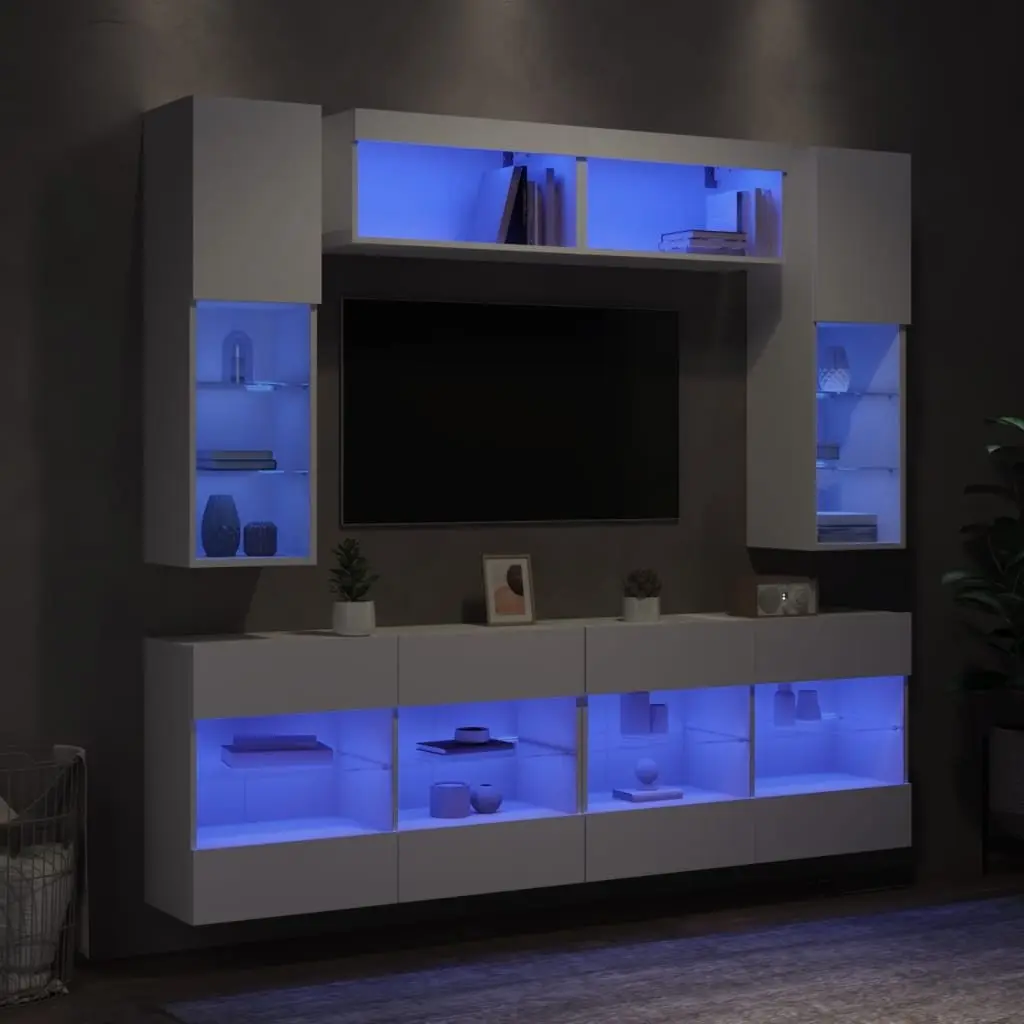 6 Piece White Wall-Mounted TV Cabinet Set with Storage Shelves and RGB LED Lighting