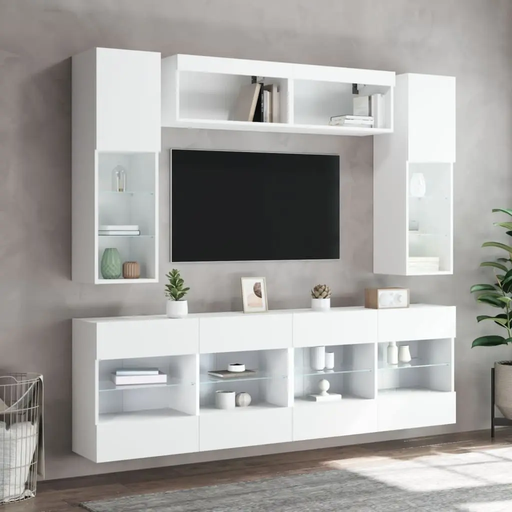 6 Piece White Wall-Mounted TV Cabinet Set with Storage Shelves and RGB LED Lighting